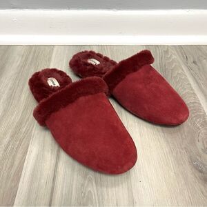 Birdies Slippers Women’s 7.5 The Songbird Merlot Ruby Red Suede & Fur Mule